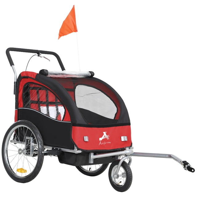 Aosom Remorque Vélo 2-en-1 pour Enfants, Porte-Bébé Poussette Pliable, Rouge