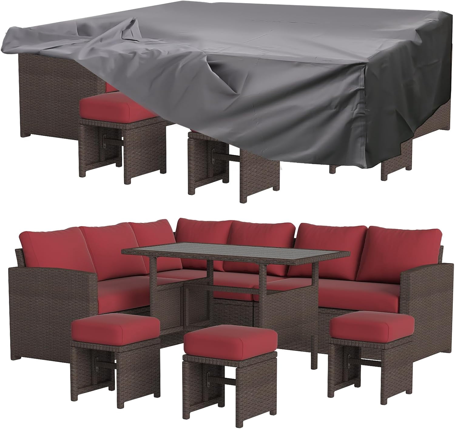 AECOJOY Ensemble de Mobilier de Patio 7 Pcs et Housse de Protection Ensemble de Salle à Manger Extérieur en Rotin PE Canapé Sectionnel avec Table Ensemble de Conversation de Patio en Rouge Vin