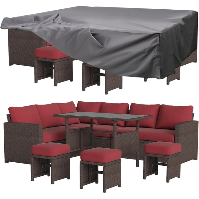 AECOJOY 7 Pieces Patio Furniture Set in wine red, featuring a sectional sofa, table, and ottomans with hand-woven PE rattan and thick cushions. This outdoor patio conversation set includes a protective cover for durability and weather resistance, ideal for patios or balconies.