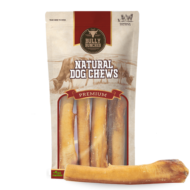 Bully Bunches 6" Monster Bully Sticks Odour Free All Natural Dog Chews 4 Pack in eco-friendly packaging. The front-facing view shows thick, golden-brown bully sticks made from single-ingredient, grass-fed beef. Promotes dental health and provides long-lasting enjoyment for medium-sized dogs and smaller breeds with strong chewing needs. Packaging highlights 'Natural Dog Chews' and 'Premium' branding.