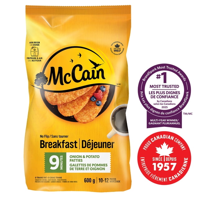 McCain® 9 Minute No Flip Onion & Potato Patties package showing crispy golden hashbrowns on a black plate with berries and coffee, featuring easy air fryer or oven cooking, made in Canada since 1957, and BrandSpark Most Trusted Award badge, suitable for quick frozen breakfast meals.