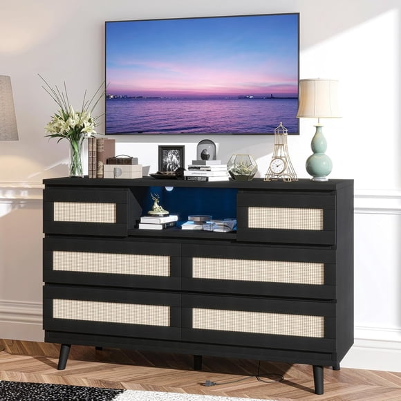 Natural Rattan Dresser for Bedroom with LED Light and Charging Station, 6 Drawer Double Dressers, Modern Wooden Dresser Chest, Beside Table for Closet, Nursery, Living Room