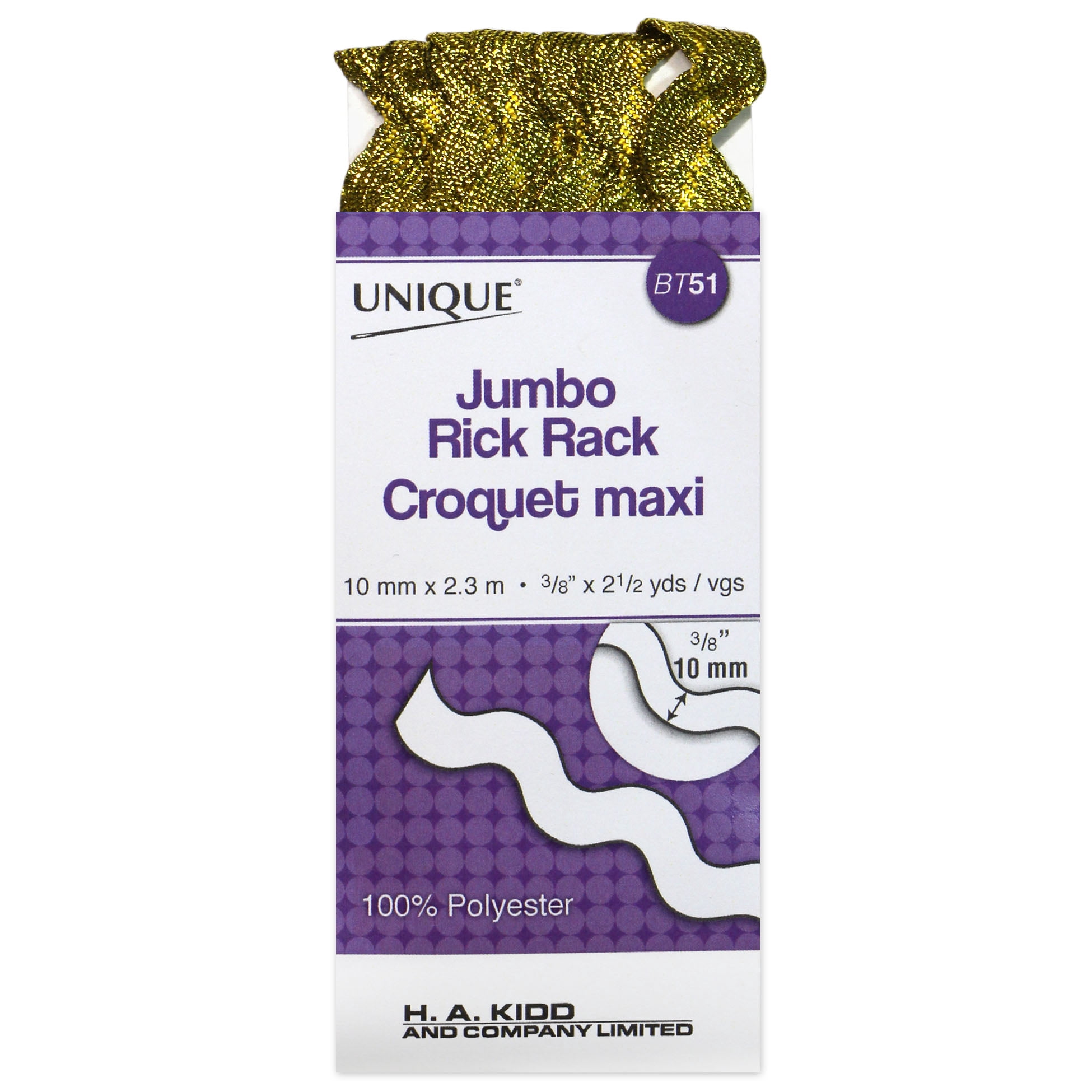 UNIQUE Jumbo Rick Rack polyester 10 mm (0.39 in) × 2.3 m (3/8 in × 2.5 yd), Metallic or