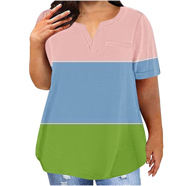 Timegard Plus Size Top for Women Notched V Neck Drop Shoulder Color Block Short Sleeve Casual Blouse