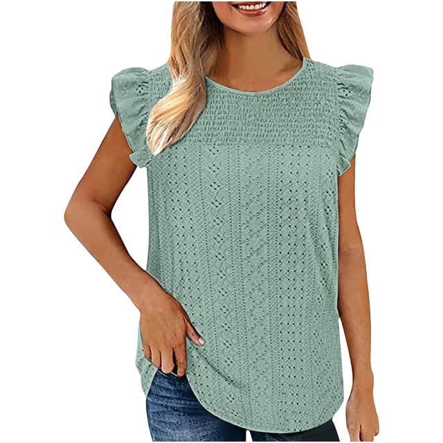 Plus Size Summer Tops for Women Crochet Crewneck Ruffle Shorts Sleeve T Shirts Loose Blouses
