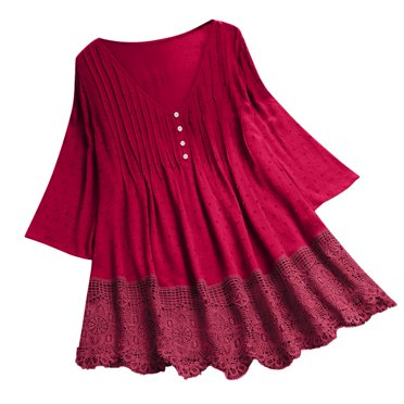 2025 Women Vintage Three Quarter Womens Tops Tee Shirts Lace V Neck Plus athletic Long Sleeve Shirt Women Size Top T-Shirt Tees Women