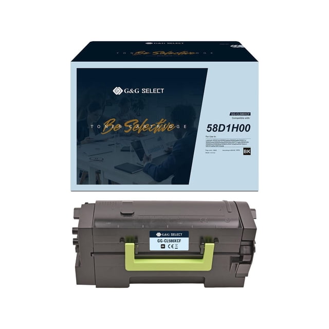 G&G Select Lexmark 58D1H00 Remanufactured Black Toner Cartridge with packaging box, featuring a black toner cartridge with a lime green handle and label GG-CL580XCF, suitable for high-yield monochrome printing in printers and supplies.