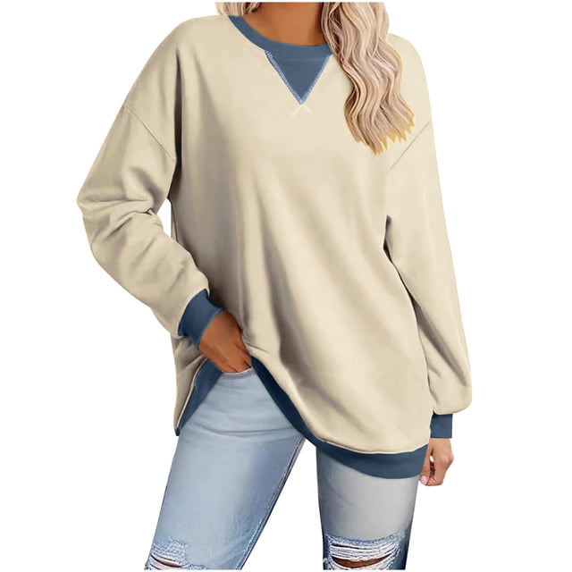 biudgviw Sweatshirts for Women Crew Neck Long Sleeve Oversized Pullover Tops Color Block Loose Fit Fall Clothings