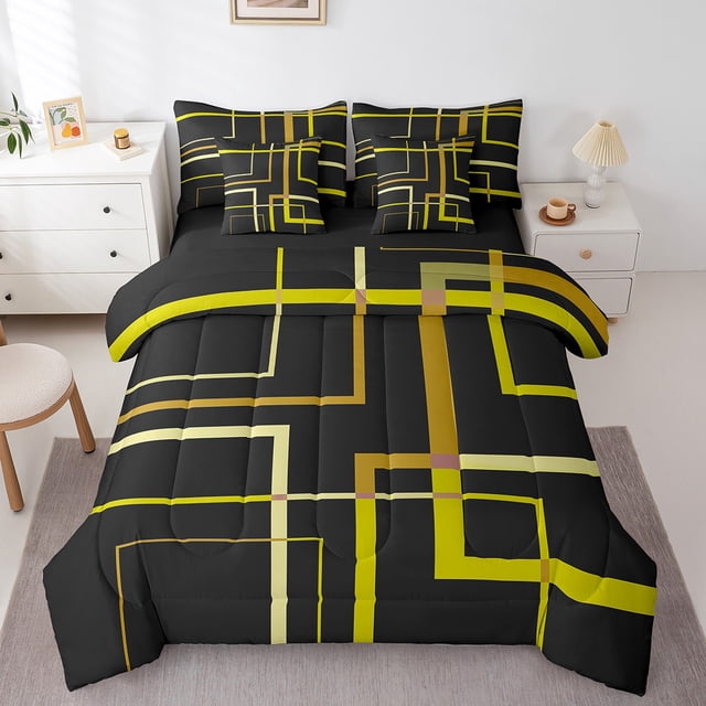Abstract Geometry King Comforter Set 7-Piece Rectangle Square Bedding Comforter Sets, Black and Yellow Bed in a Bag Modern Minimalist Bedding Set, Aesthetic Bed Sheets Set Kids Teens Room Decor
