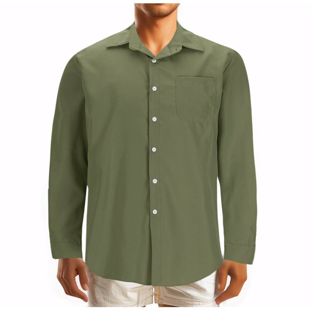 RXIRUCGD Blouse à Manches Longues pour Hommes, Mode Décontractée, Couleur Unie, Boutons, Poches, Col Rabattu, Vert Armée, Taille : 2TG