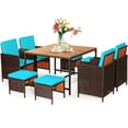 thumbnail image 2 of Costway 9PCS Patio Rattan Dining Set Cushioned Chairs Ottoman Wood Table Top Turquoise, 2 of 10