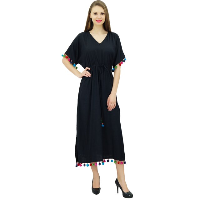 Bimba Robe Kaftan Longue en Rayonne pour Femme avec Pompon, Designer Chic, Maxi Caftan
