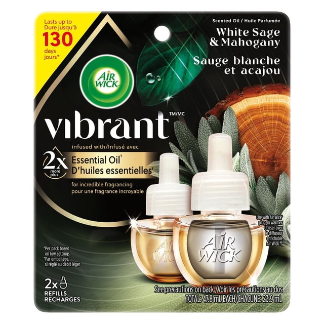 AIR WICK® SCENTED OIL - Refill - Vibrant™ White Sage & Mahogany with two clear refill bottles featuring white caps, infused with essential oils for up to 130 days of continuous fragrance, designed for plug-in air fresheners, each containing 23.9 mL.