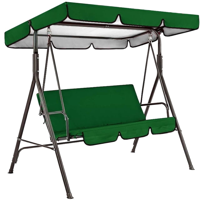 TopLLC Swing Canopy Cover Set with a green 210D waterproof polyester replacement cover for swing tops and cushions. Designed for three-seat outdoor swings, it provides UV protection, weather resistance, and a fan-shaped edge for a classic aesthetic. Ideal for patios, gardens, and porches.