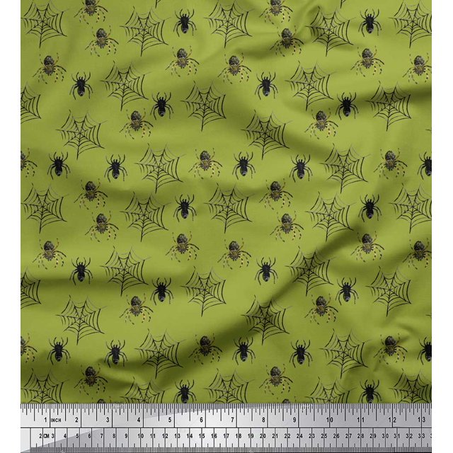 Soimoi Green Rayon Fabric Web & Spider Insects Printed Craft Fabric by the Yard 56 Inch Wide