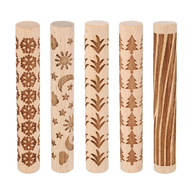 Uxcell 5 Pcs Rouleau d'Argile en Bois 4 Pouces Motif Flocon de Neige Rouleaux de Bois Outils de Poterie Rouleaux de Texture Grain de Bois pour Cuisson d'Argile Pâte à Modeler DIY