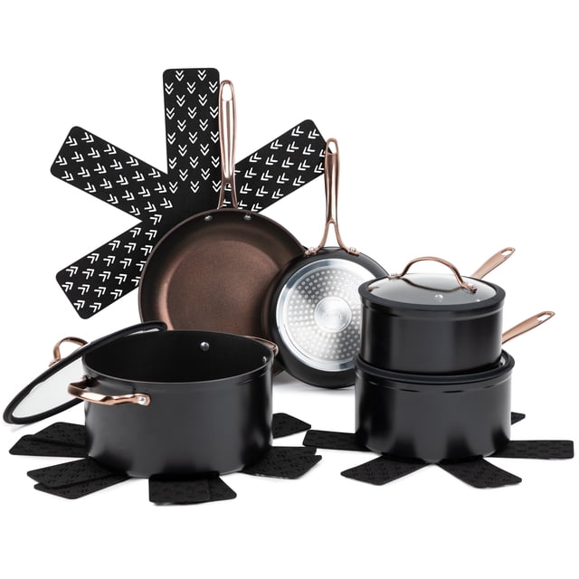 Thyme & Table Signature 12-Piece Cookware Set Non-Stick - Rose Gold with 6-quart stock pot, 2.5-quart saucepan, 2-quart sauté pan, 10-inch and 8-inch fry pans, all featuring rose gold riveted handles and black ceramic non-stick surfaces, displayed with four black cookware protectors suitable for protecting cookware surfaces during storage.
