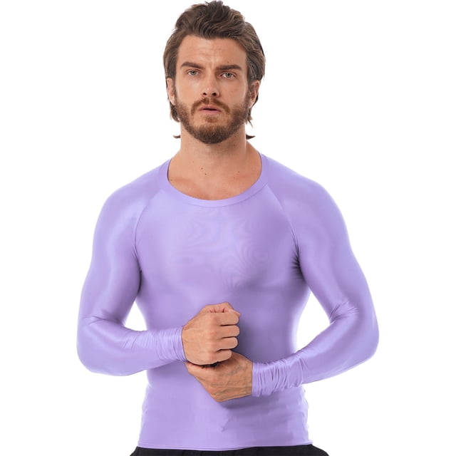 Jhaoyu Men's Glossy Long Sleeve Compression Shirts Athletic Workout Sports Rash Guard Undershirt Lavender XL
