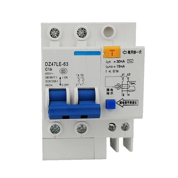 Amdohai Miniature Residual Current Circuit Breaker 2 Poles 30mA 400V Household Electric Leakage Protector DIN Rail Installation DZ47LE-63