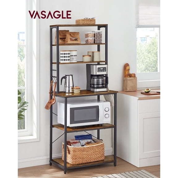 VASAGLE Coffee Bar, Baker’s Rack for Kitchen with Storage, 6-Tier Kitchen Shelves with 6 Hooks, Microwave Stand, Industrial, 15.7 x 23.6 x 65.7 ''