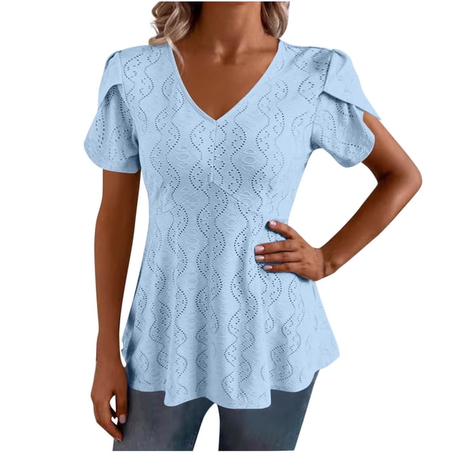 Liquidation! Hauts Grande Taille pour Femmes, Blouse à Manches Courtes d'Été pour Femmes, Mode Décontractée à Manches Courtes Unie Col en V Blouse