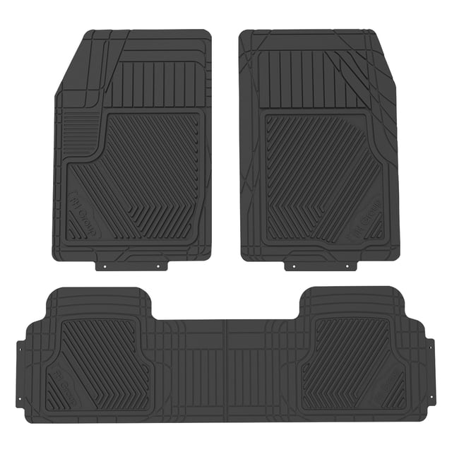 FH Group Heavy Duty Floor Mats All Weather Semi Custom Oversized Trim to Fit for Auto, Car, SUV, and Truck in a dark colour. The set includes two front mats and one rear mat, featuring a textured surface with grooves for trapping dirt and grime. Designed with anti-slip grips on the bottom to ensure stability. Suitable for various vehicle types and customizable for a precise fit.