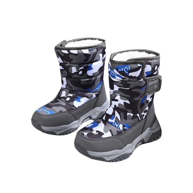 MAWCLOS Bottes Mi-Mollet Unisexes Bout Rond Chaussures d'Hiver Plateforme Antidérapantes Botte de Neige Doublée Peluche Randonnée Chaussure Chaude Camouflage Gris 4Y