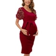thumbnail image 2 of xiaxaixu Robe pour Femme Enceinte Fleur en Maille Transparente à Manches Courtes Col Ras du Cou Robe Midi Ajustée Robe d'Été Décontractée de Maternité, 2 of 7