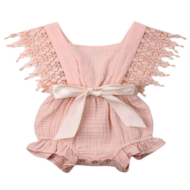 Combinaison Short en Coton et Lin pour Bébé Fille, Dentelle, Sans Manches, à Volants, Nœud, Combinaison