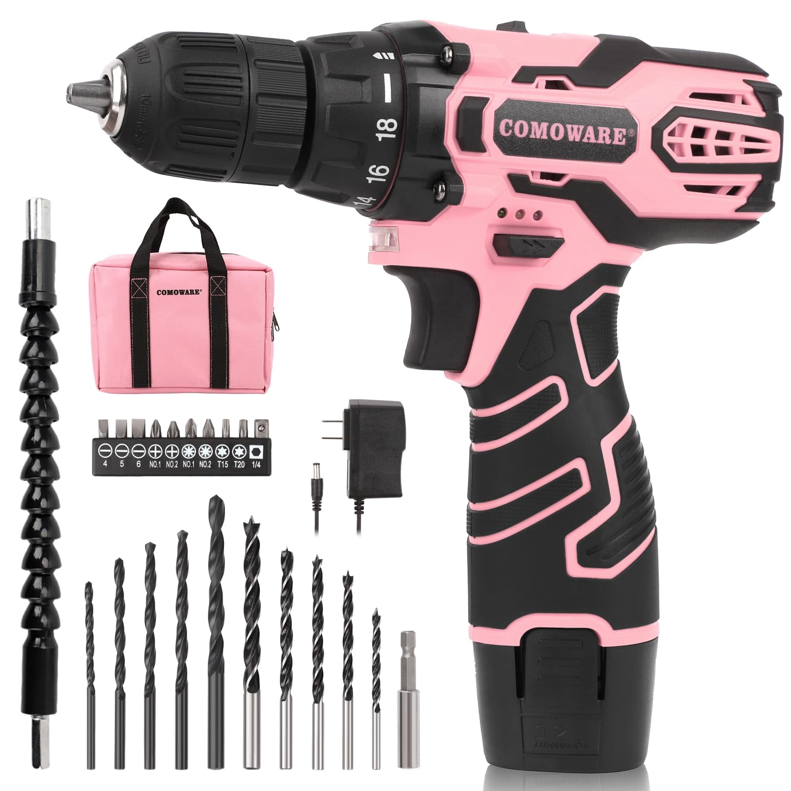 COMOWARE Pink Cordless Drill Set for Women, 12V Lightweight Electric Screwdriver with 3/8" Keyless Chuck, 1.5Ah Battery - Portable Power Drill Kit with Pink Tool Bag for