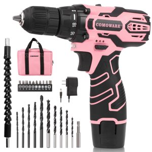 COMOWARE Ensemble de perceuses sans fil rose pour femmes, 12V Tournevis électrique léger avec cylindre sans clé de 3/8 po, batterie 1,5Ah - Kit de perceuse portable avec sac à outils rose pour