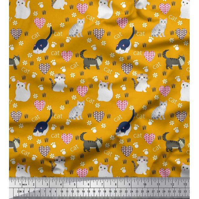 Soimoi Polyester Crepe Fabric Heart,Footprint & Cat Animal Printed Craft Fabric by The Yard 52 Inch Wide