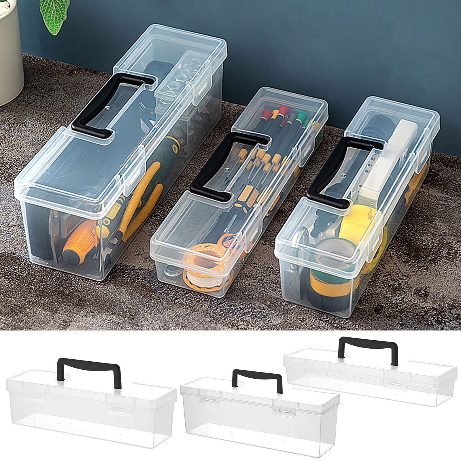 CQCYD 3Pcs Portable Tool Box, Transparent Plastic Storage Case for Hardware Screw Accessories, Long Clear Organizer Box for Home DIY Workshop Travel, Fishing Artist Supplies Container