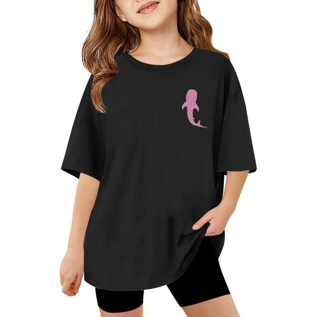 T-Shirt Décontracté à Manches Courtes pour Filles, Col Rond, Haut Imprimé, Tissu Extensible Confortable pour le Quotidien, l'École et les Activités Extérieures, Âges 3-13