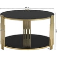 thumbnail image 2 of Table Basse en Verre de 31,5 Pouces avec Rangement, Table Centrale Ronde avec Tablette, Table Basse Ronde à 2 Niveaux pour Salon Moderne avec Miroir Noir, Base Tambour Circulaire en Métal, Fini Or et Tablette Inférieure, 2 of 8