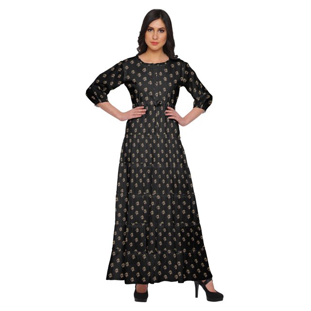 Moomaya Printed Round Neck 3/4 Sleeve Long Maxi Dress With Drawstring Waist