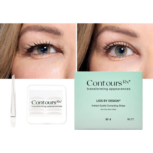 Lids By Design Cosmetic Eyelid Strips, (4mm) 80ct by Contours RX. The image displays a before-and-after view of eyelids, demonstrating the lifting effect of the strips. Also shown are tweezers, a storage case, and the mint green product box labeled 'Instant Eyelid Correcting Strips.'