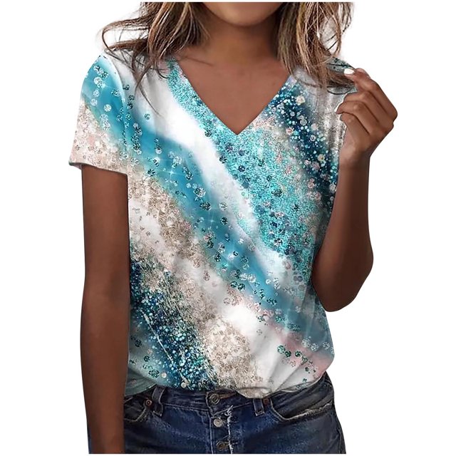 Birdeem Mode Femme Blouse T-Shirt à Col en V à Manches Courtes Été Imprimé Hauts Amples