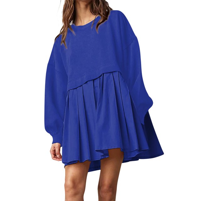 Womens Oversized Sweatshirt Dress Long Flowy Patchwork Pullover Tops Cute Drop Shoulder Sweatshirts Fall Long Sleeve Mini Dress Teen Girls Crewneck Solid Tunic Pleated Loose Clothing Beig