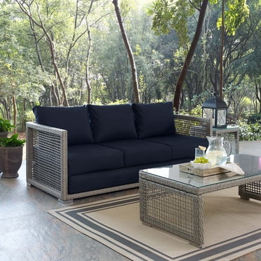 Modway Canapé de Patio Extérieur Moderne en Rotin et Tissu, Gris et Bleu Marine