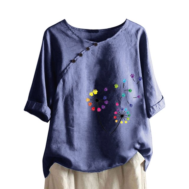 CHUANK Hauts pour Femmes en Solde à Moins de 10$ Hauts Décontractés Printemps Été Manches Longues en Coton Lin Imprimé Graphique Pissenlit Col Rond Blouses Vintage Grande Taille