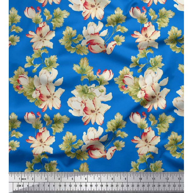 Soimoi Poly Georgette Fabric Leaves & Magnolia Floral Fabric Prints by Yard 52 Inch Wide