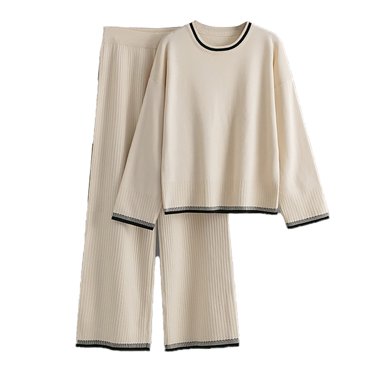 Breezora Women's Autumn Winter Casual Home Wear Set Long Sleeve Turtleneck Knit Sweater and Wide Leg Pants Loose Fit for Relaxing Beige