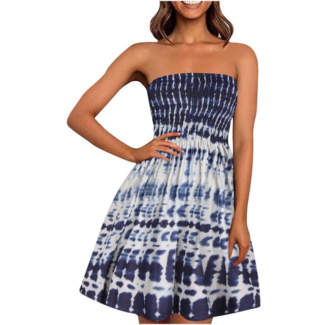 Pompotops Robe Sans Bretelles à Bande Élastique Style Bohème pour Femme Robes Robe Sans Manches à Imprimé Floral
