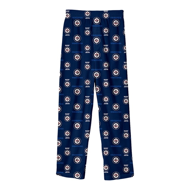 Youth Winnipeg Jets NHL Team Color Printed Pants in boys' size 8-20, featuring an all-over team graphics design with Winnipeg Jets logos and text on a dark blue background. Made from 100% cotton with a regular fit and elastic waistband. Officially licensed by the NHL.