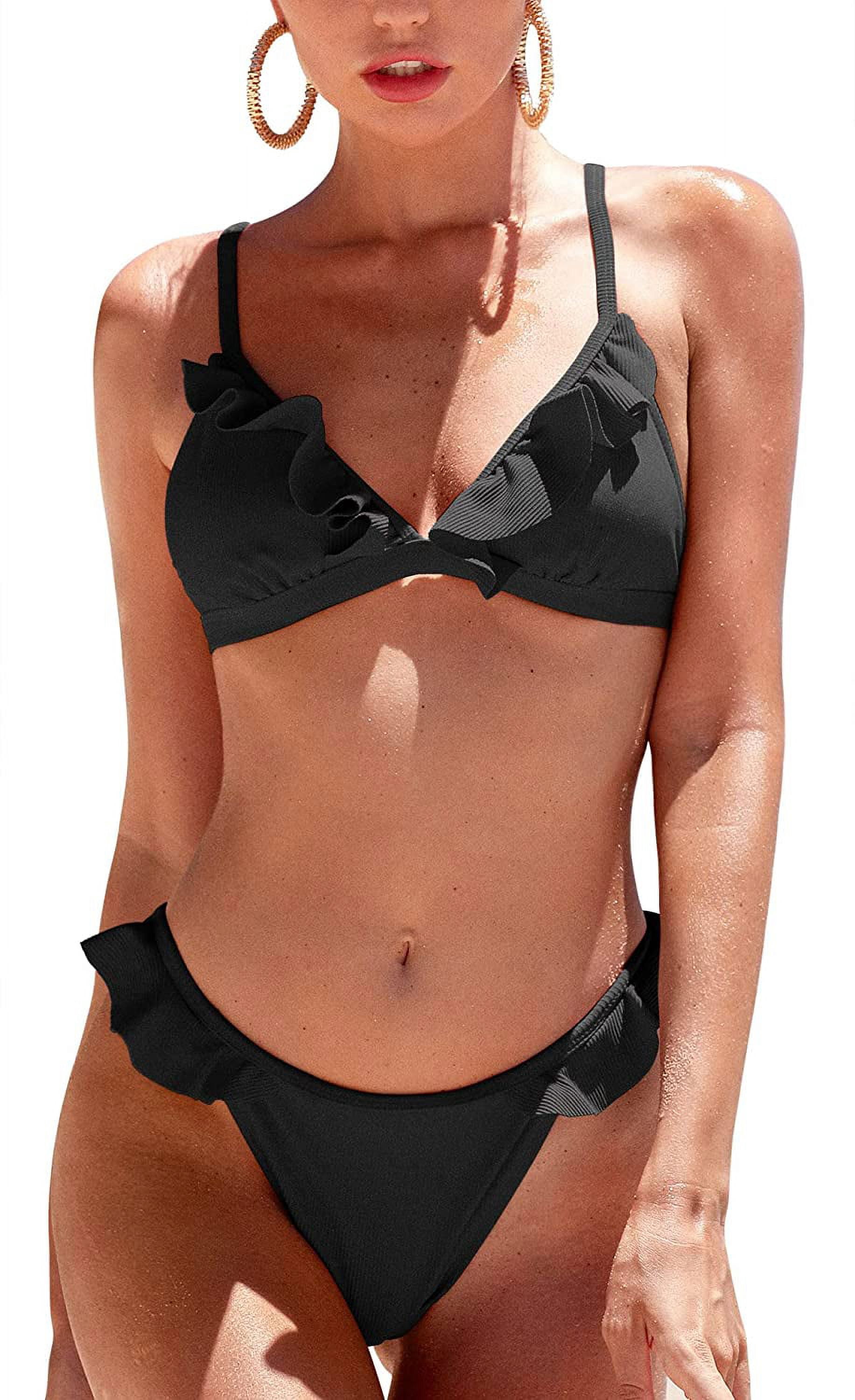 Charmo Womens Ruffle Bikinis Ribbed Triangle High Cut 2 Piece Bathing Suit