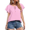 thumbnail image 2 of Woman Ruffle Short Sleeve Summer  Blouses Chiffon Boho Printed V Neck Drawstring Shirt Casual Leisure Sleeve Blouse, 2 of 6