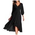 thumbnail image 2 of Robes pour Femmes en Chiffon Col en V Manches Longues Plissées Longueur Midi Maxi Robe Noire TTTG, 2 of 5