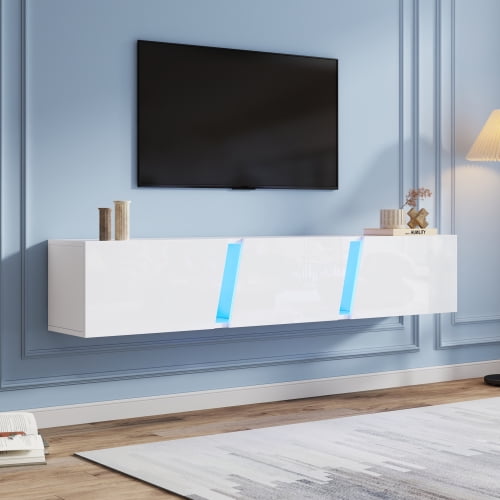 Taoruifang 70.8'' Wall Mounted TV Cabinet with LED Lights High Gloss White