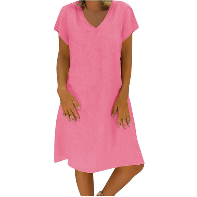 Tumotour Robe d'Été pour Femmes à Col en V, Longueur Genou, Robe Décontractée, Couleur Unie, Manches Courtes, Coupe Ample, Robe de Vacances, Robe en Lin pour la Plage, Sorties, Fête, Rendez-Vous